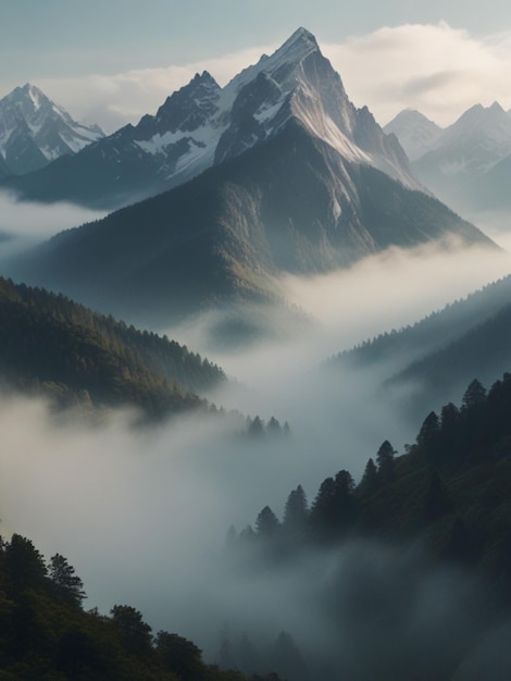 a mountain range with a foggy forest and mountains in the background