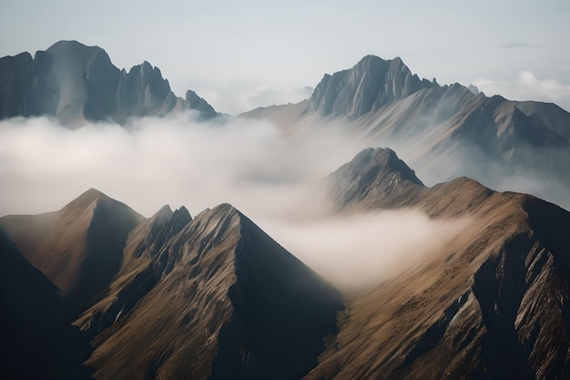 A mountain range with a foggy sky and the mountains in the background.