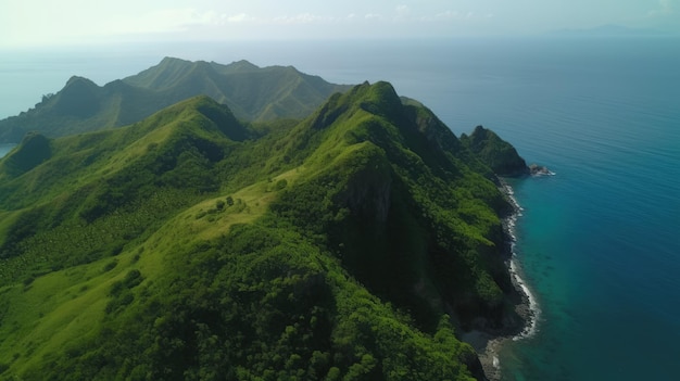 A mountain range with a green slope and the ocean in the background.