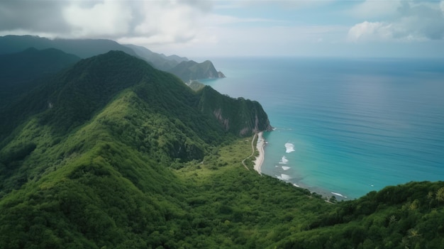 A mountain range with green trees and a blue ocean in the background