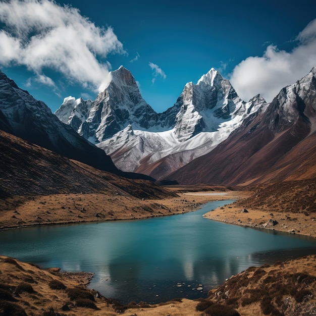 A mountain range with a lake in the foreground and a mountain in the background