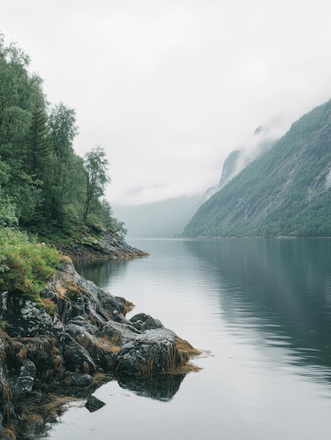 Photo a mountain range with a lake in the foreground