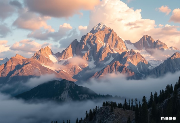 a mountain range with a pink and orange sunset in the background