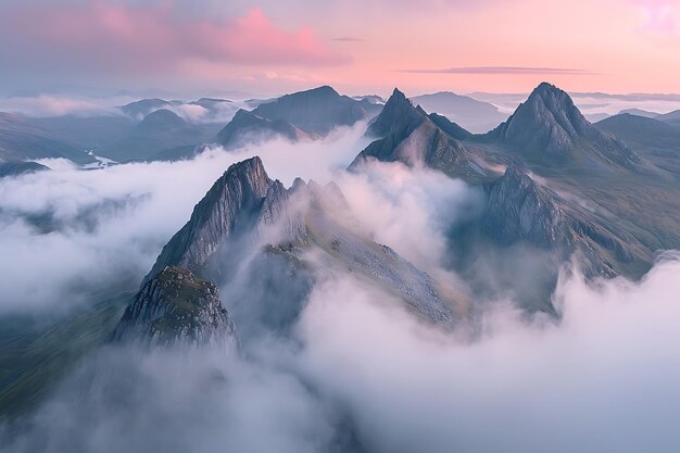 Photo a mountain range with a pink sky and the top of it