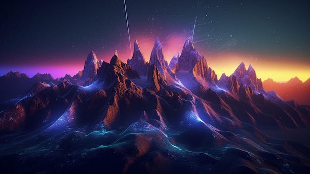 A mountain range with a purple glow and a purple glow.