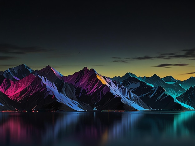 Photo a mountain range with purple and orange lights in the background