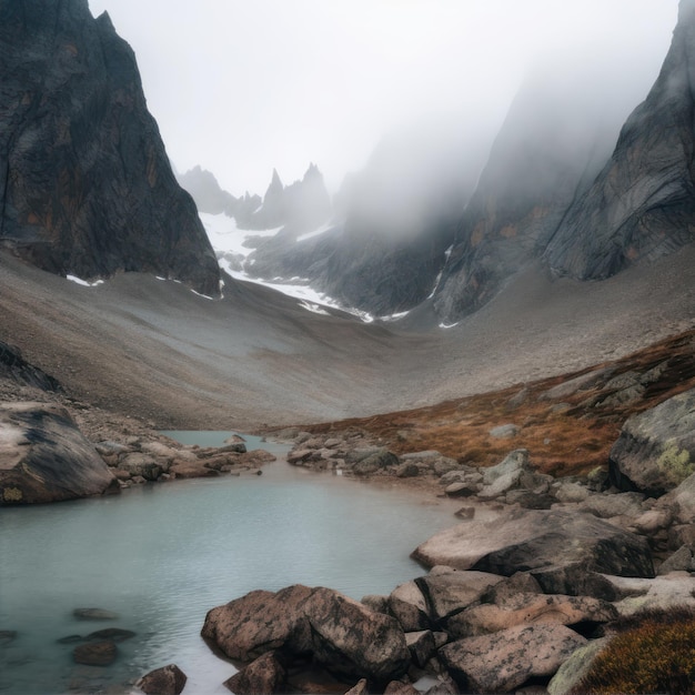 A mountain range with a small pond in the foreground and a mountain in the background.