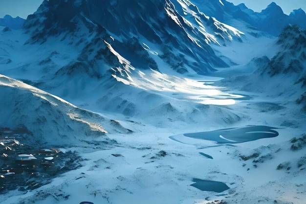 A mountain range with a snow covered mountain in the background.