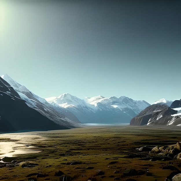 A mountain range with snow on the mountains in the background.