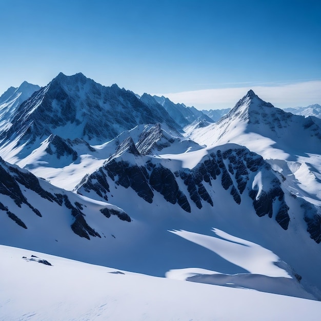 A mountain range with snow on the mountains and a blue sky