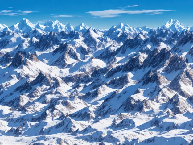 A mountain range with snow on the top and the blue sky above it.