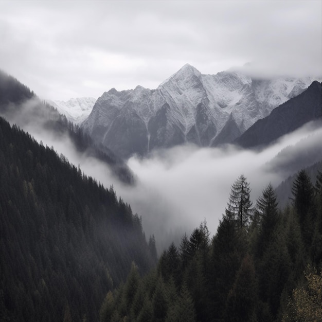 A mountain range with snow on the top and a foggy sky in the background.