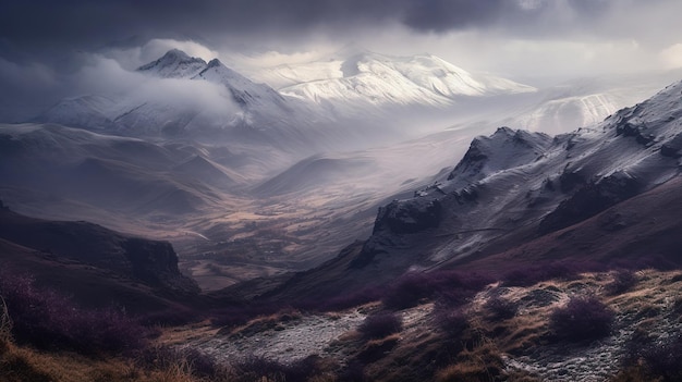 A mountain range with snow on the top