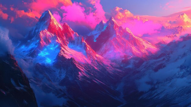 A mountain range with snowcapped peaks illuminated in the style of neon pink and blue lights