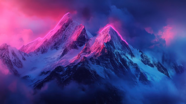 A mountain range with snowcapped peaks illuminated in the style of neon pink and blue lights