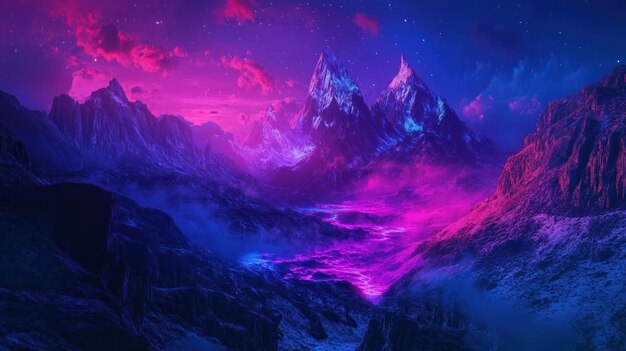 A mountain range with snowcapped peaks illuminated in the style of neon pink and blue lights