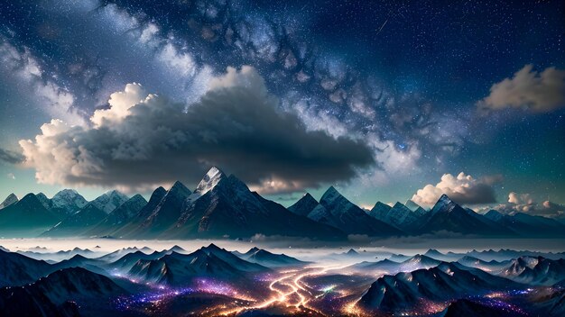 A mountain range with a starry sky above it