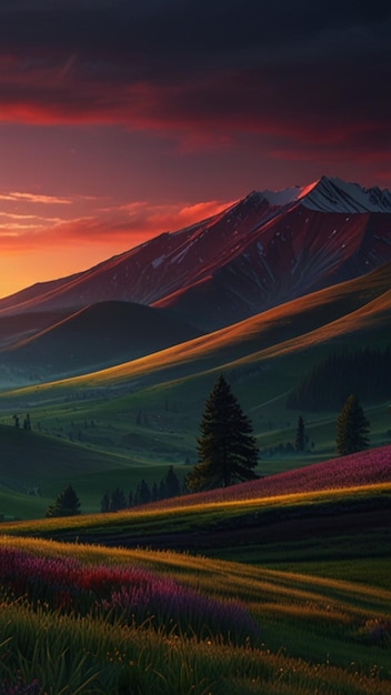 a mountain range with a sunset in the background