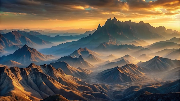 a mountain range with a sunset in the background