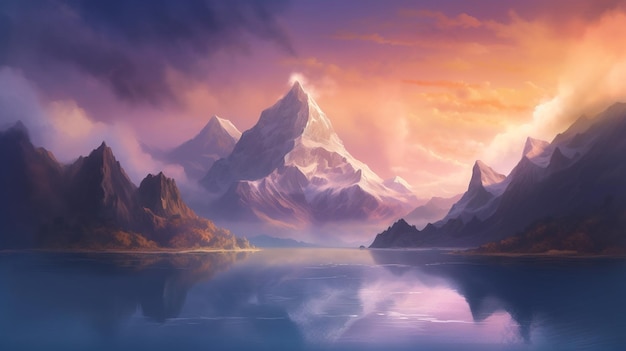 A mountain range with a sunset in the background