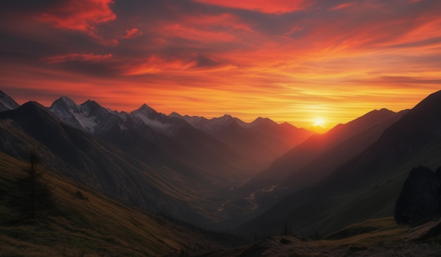 a mountain range with a sunset in the background