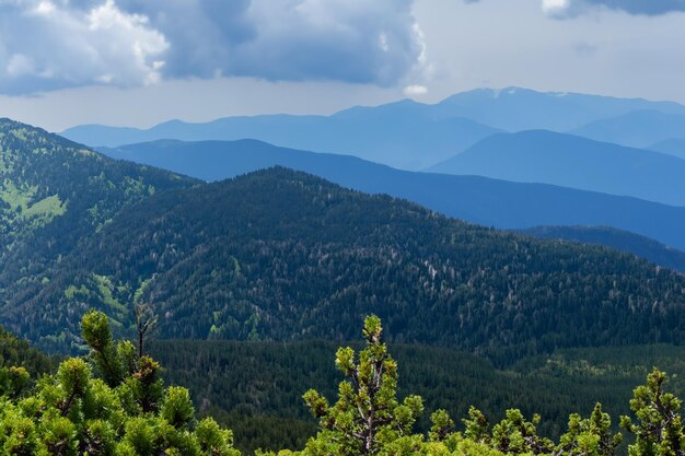 a mountain range with trees and mountains in the background