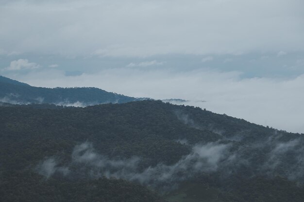 Mountain range with visible silhouettes through the morning blue fog