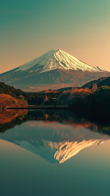 a mountain reflected in a lake at sunset