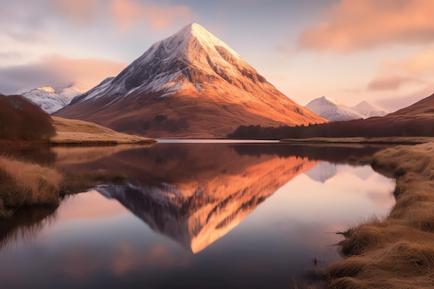 A mountain reflected in a lake with a pink sky and the sun setting behind it