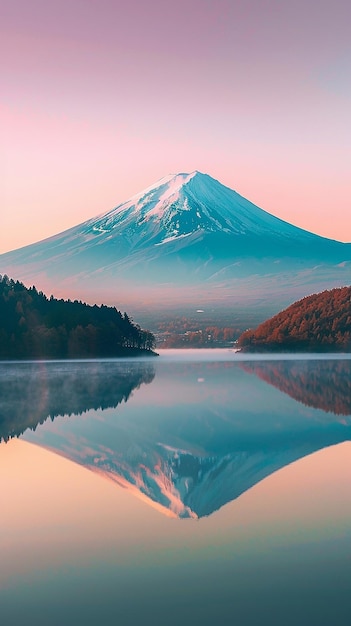 a mountain reflected in a lake with a pink sky and trees in the background