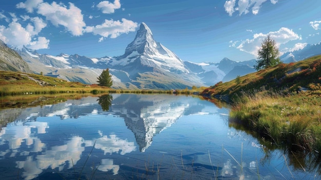 a mountain reflected in a lake with a reflection of the mountains in the water