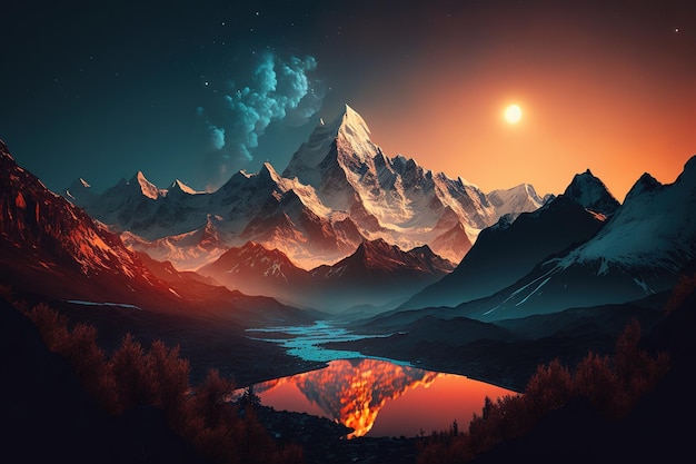 A mountain reflected in a lake with a sunset in the background