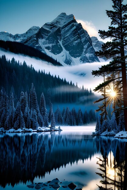 Mountain reflections in a lake and snow covered trees with clouds around