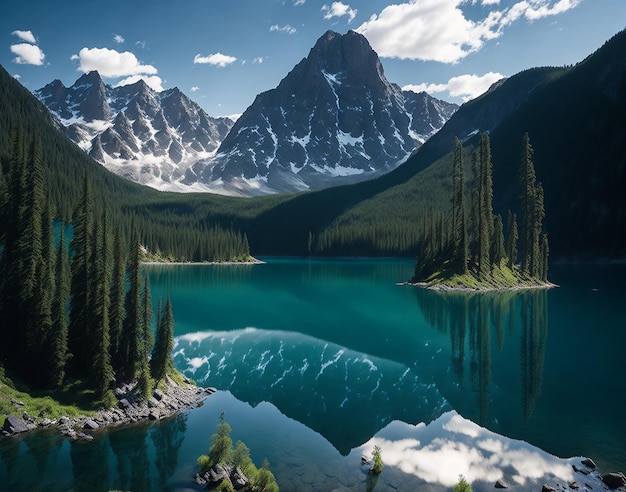 Mountain Reflections Tranquil Lake Mirroring Towering Peaks Generated using AI Technology