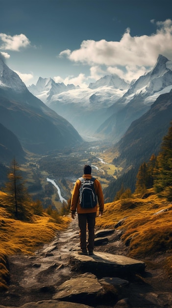 Mountain reverie man on trek admires view captured from behind on trail Vertical Mobile Wallpaper