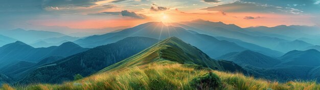 Mountain Ridge Sunset Over Blue Distant Peaks