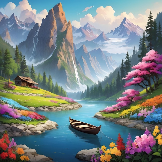 mountain river beautiful flowers painting