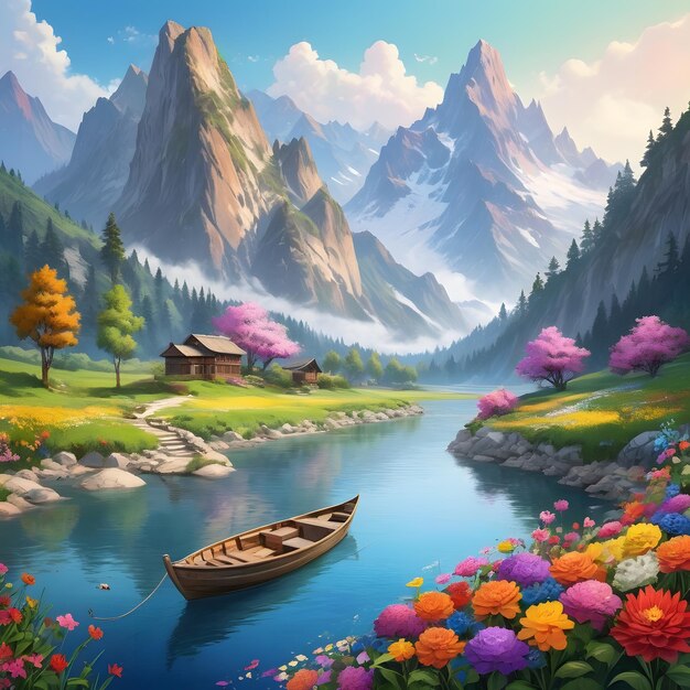 mountain river beautiful flowers painting