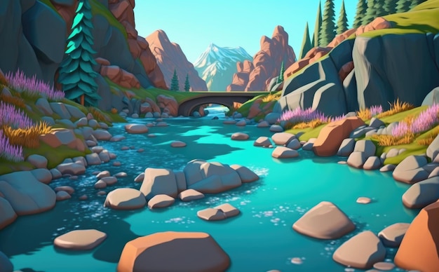 A mountain river cartoon background illustrations for kids cartoon style ai generated