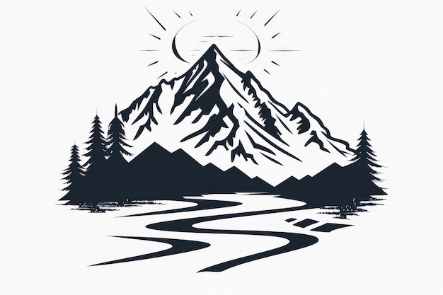 Photo mountain and river emblem logo design with black outdoor nature line art icon vector illustration on white background