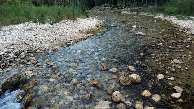 Mountain river, fast flowing water, clear water, white stones at bottom, Serpis, Spain