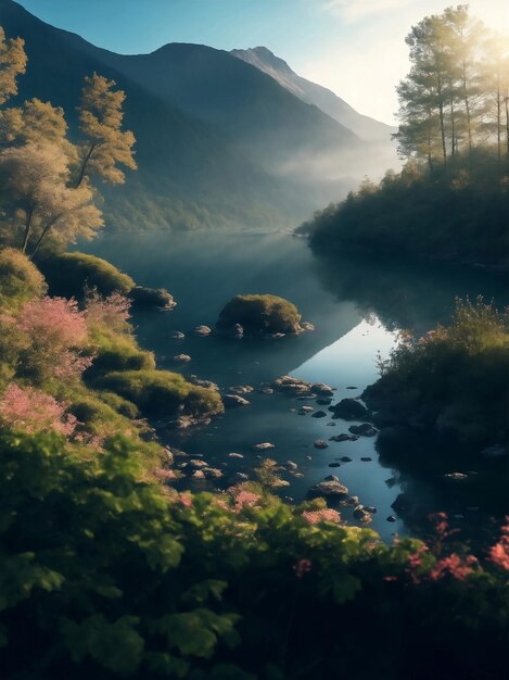 Mountain and river in nature Generative AI Illustration