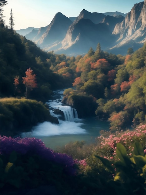 Mountain and river in nature Generative AI Illustration