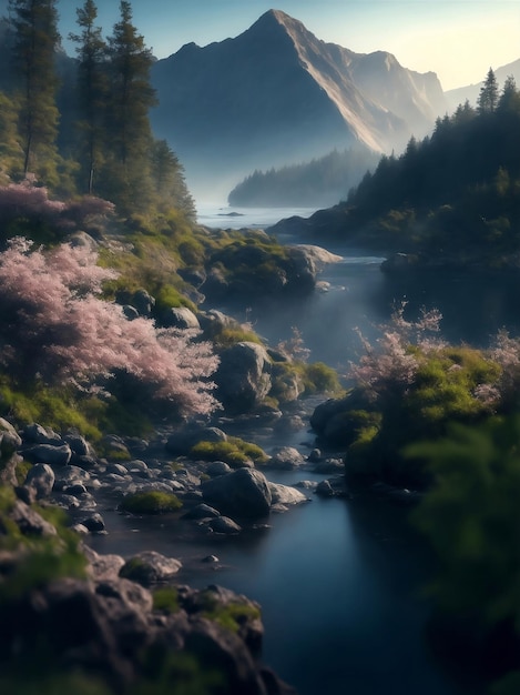 Mountain and river in nature Generative AI Illustration