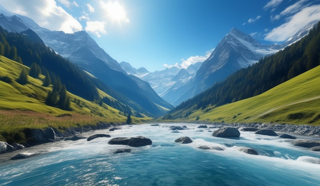 a mountain river with a river in the background