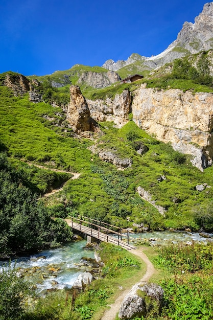 Mountain river and wood bridge in Vanoise alpine valley