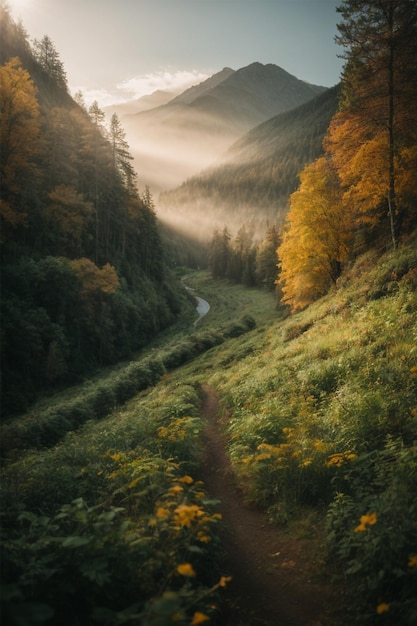 Mountain road in the foggy autumn forest nature composition