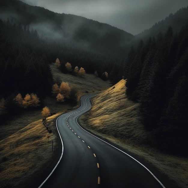 Mountain road in the foggy forest 3d illustration