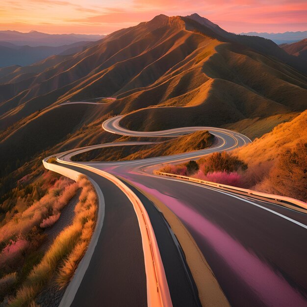 Mountain road at sunset Beautiful curved roadway 1