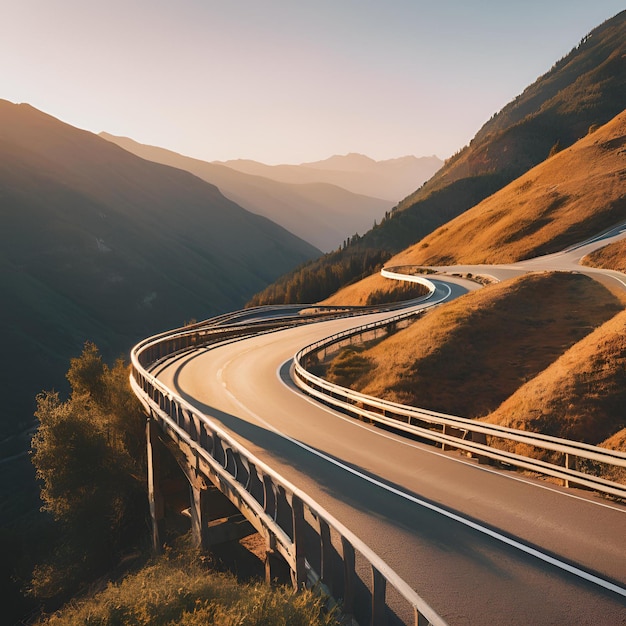 Mountain road at sunset Beautiful curved roadway 1